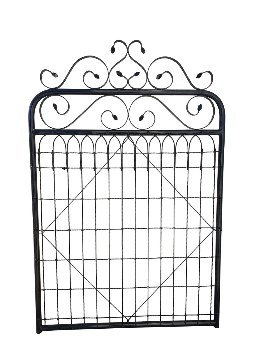 Emu Wire decorative black iron gate with scrollwork